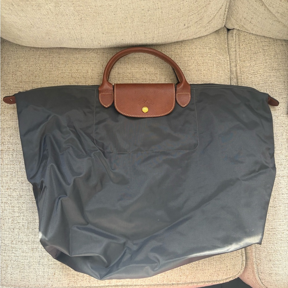 Longchamp Dark Blue and Brown Shoulder Bag with embroidery